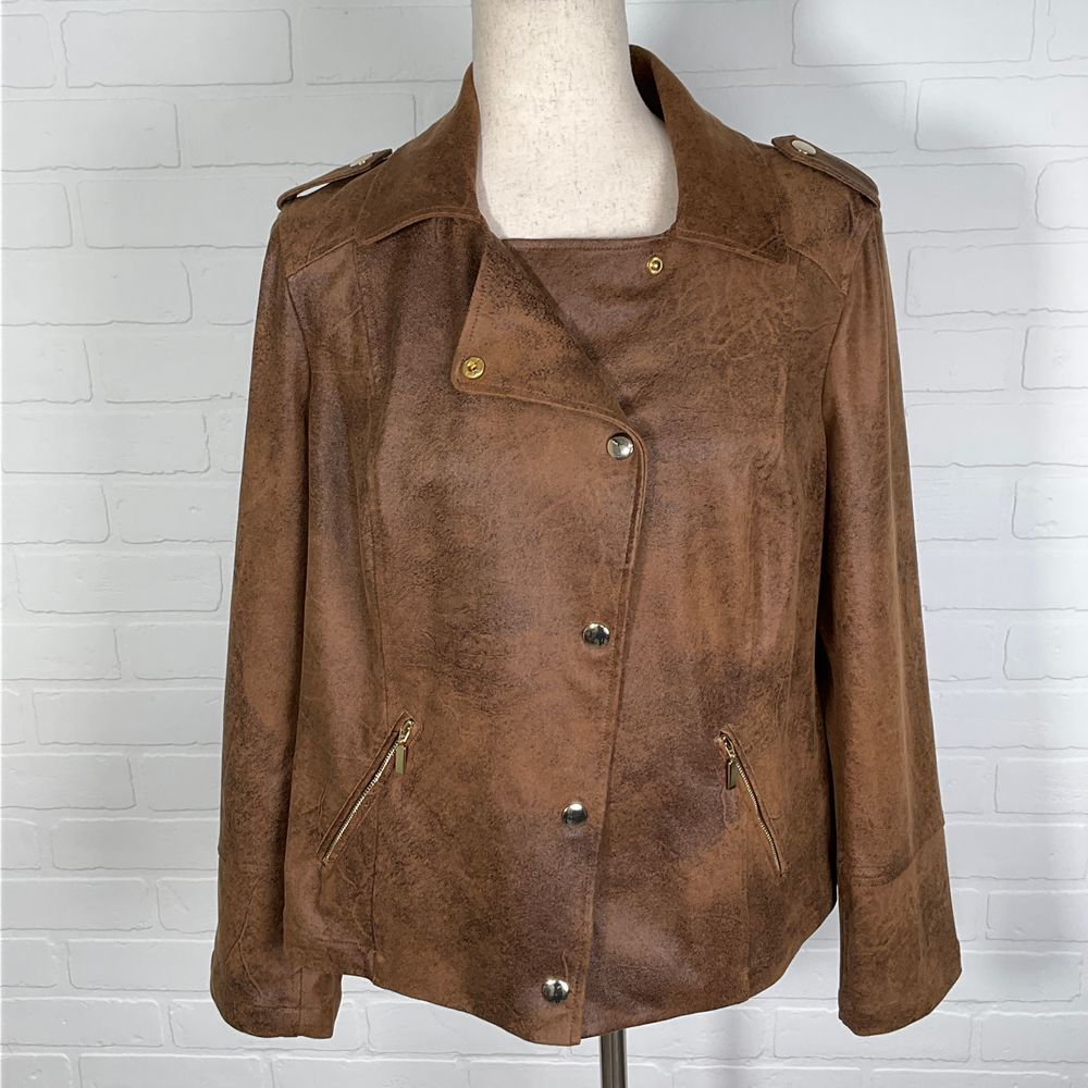 Chicos Jacket Women Medium Brown Distressed Double Breasted‎ Faux Leather Moto